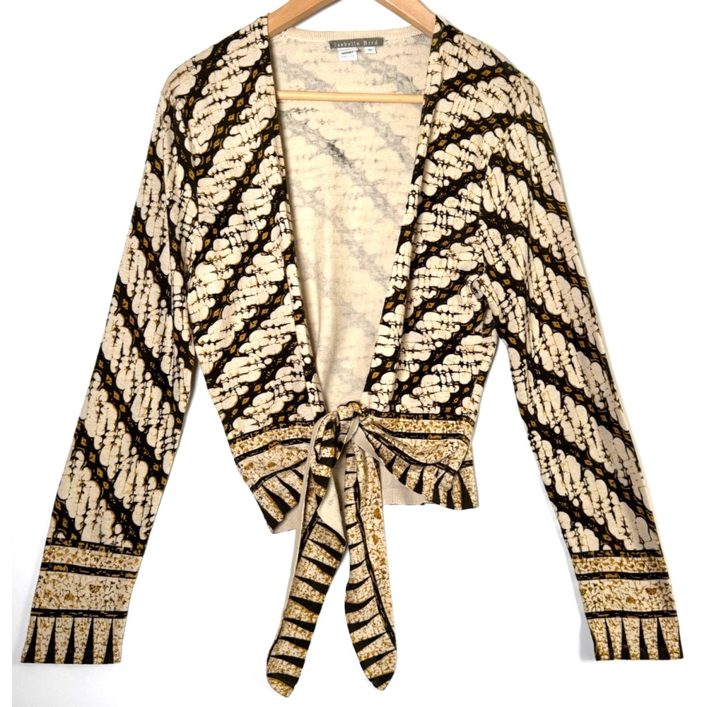 Isabella Bird Silk Tie Front Blouse Womens Small Cream Black Gold Layering Top